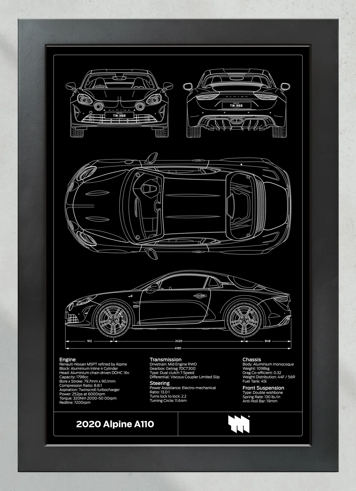 2020 Alpine A110, in the collector's frame, portrait