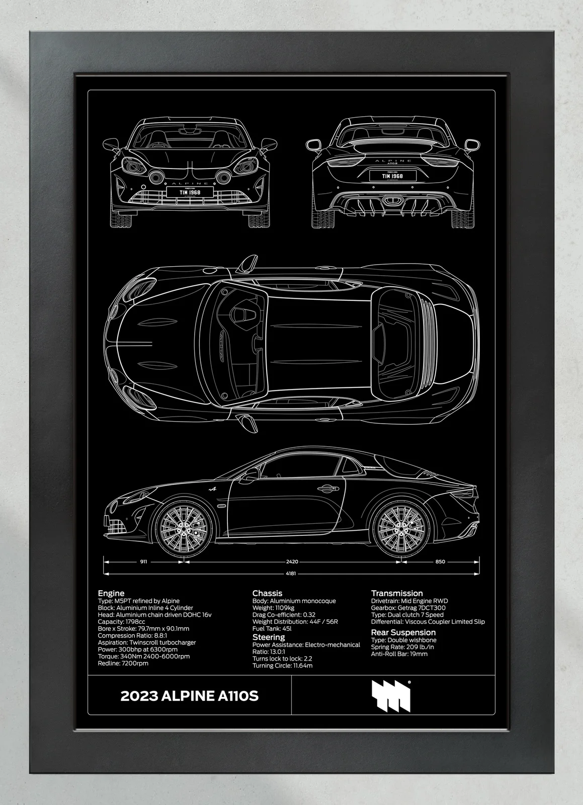 2023 Alpine A110 S, in the collector's frame, portrait