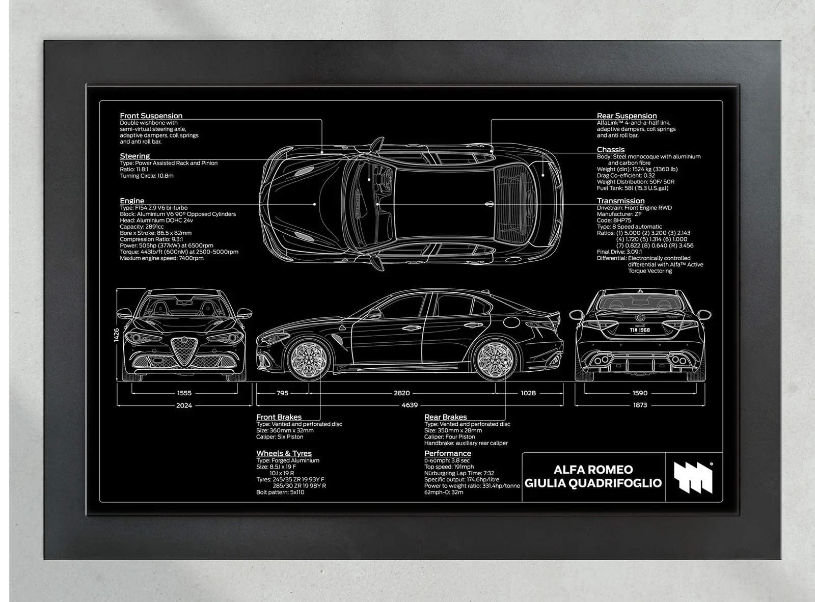 Alfa Romeo Giulia Quadrifoglio, in the collector's frame, landscape