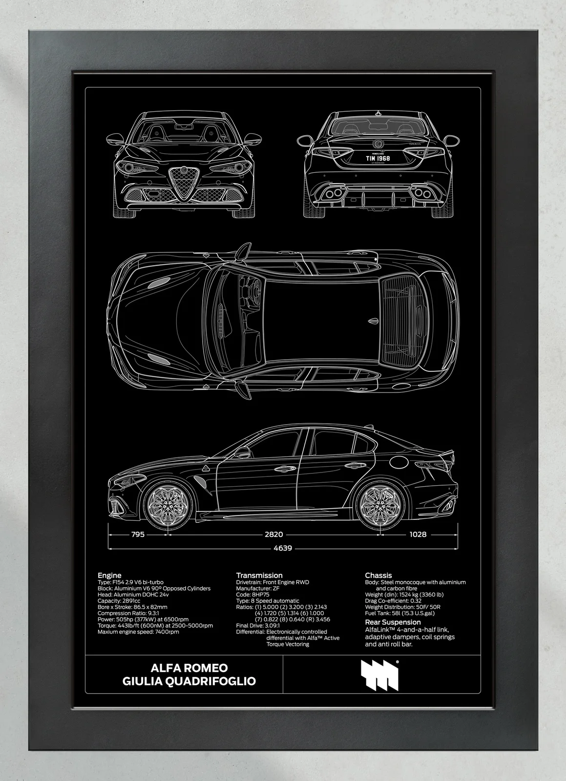 Alfa Romeo Giulia Quadrifoglio, in the collector's frame, portrait