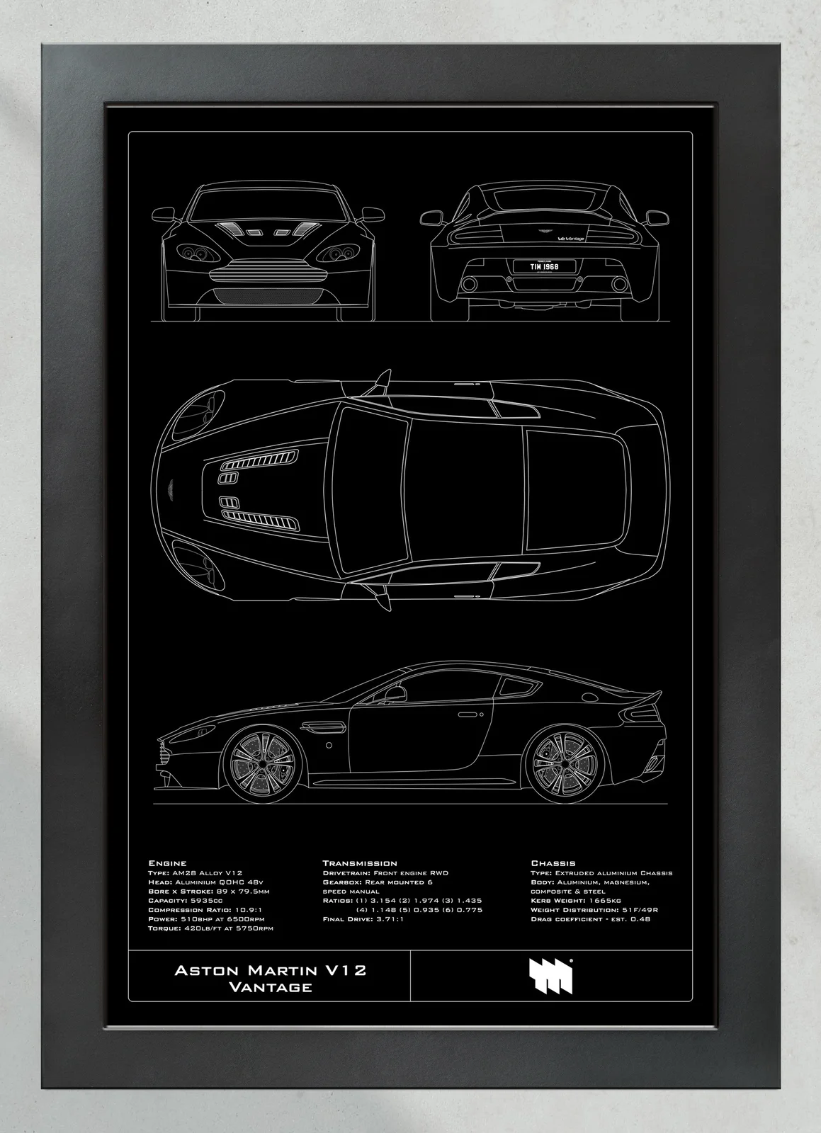 Aston Martin V12 Vantage, in the collector's frame, portrait